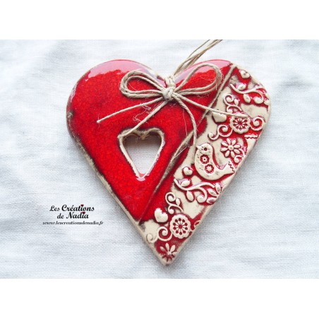 Coeur Liesel en céramique, à suspendre, couleur rot und wiss, impression printemps Coeur Liesel en céramique, à suspendre, couleur rot und wiss, impression printemps