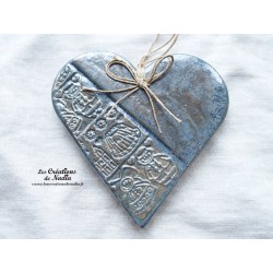 Coeur Liesel en céramique, bleu gris métal, impression Alsace