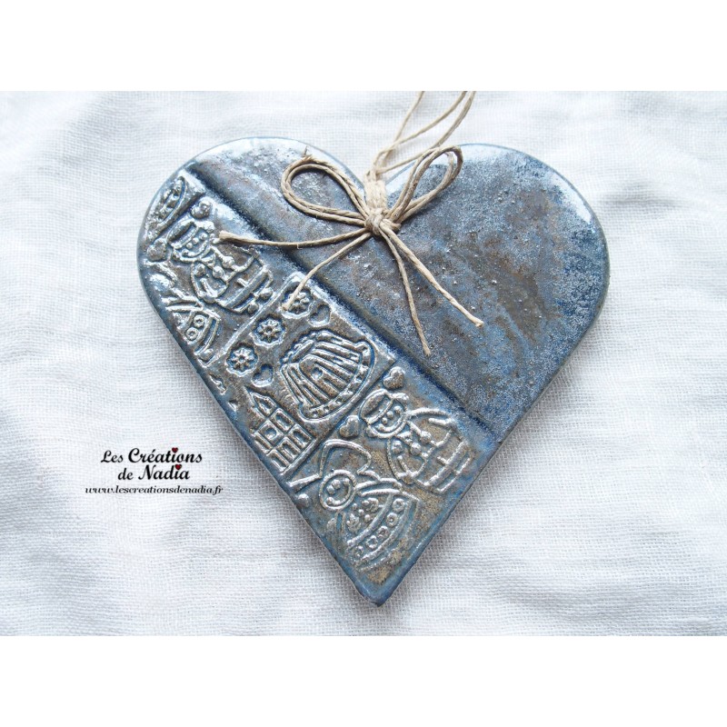 Coeur Liesel en céramique, bleu gris métal, impression Alsace