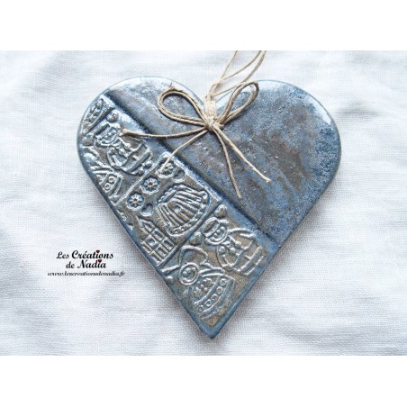 Coeur Liesel en céramique, bleu gris métal, impression Alsace Coeur Liesel en céramique, bleu gris métal, impression Alsace