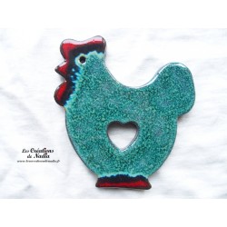 Dessous de plat poule en poterie couleur vert émeraude