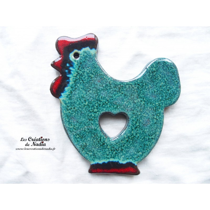 Dessous de plat poule en poterie couleur vert émeraude
