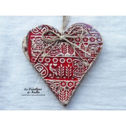Coeur en faïence couleur rot und wiss, impression Alsace, à suspendre