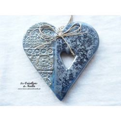 Coeur Liesel en céramique à suspendre, couleur bleu gris métal, impression Alsace