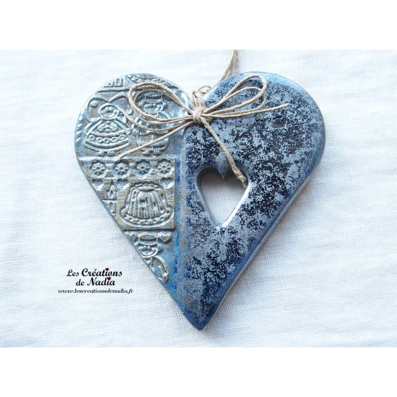 Coeur Liesel en céramique à suspendre, couleur bleu gris métal, impression Alsace