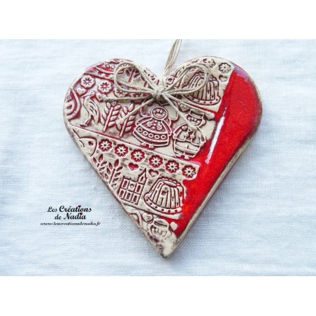Coeur Liesel rot und wiss en céramique, impression Alsace, à suspendre Coeur Liesel rot und wiss en céramique, impression Alsace, à suspendre