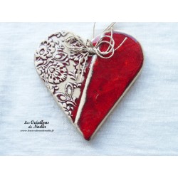 Coeur Liesel couleur rot und wiss, impression damassé,  en céramique à suspendre