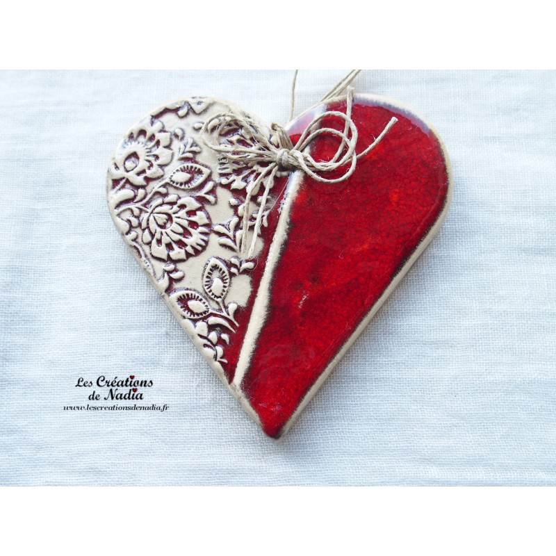 Coeur Liesel couleur rot und wiss, impression damassé,  en céramique à suspendre
