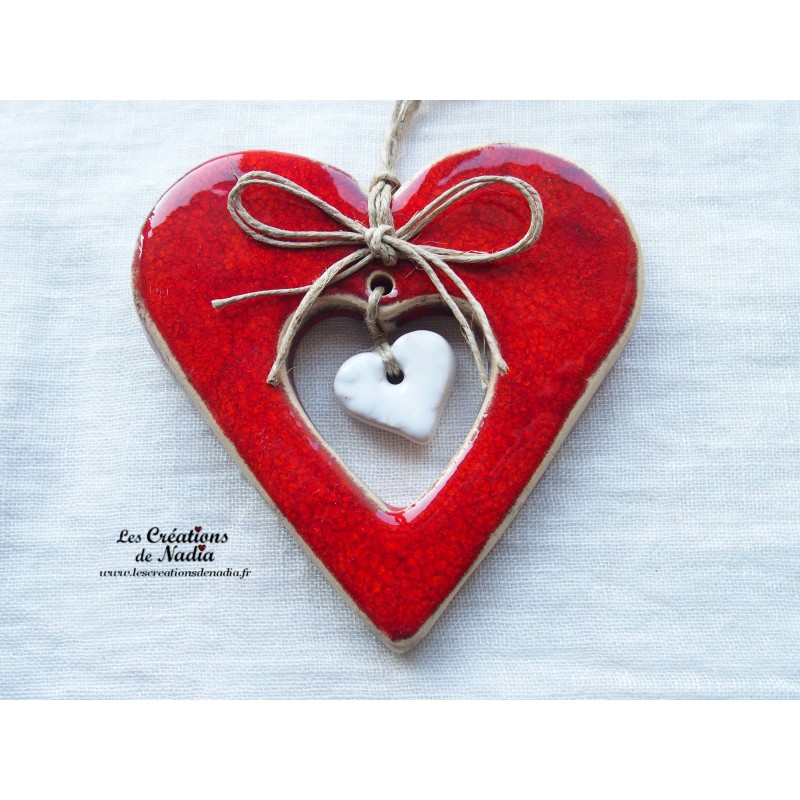 Coeur Liesel en céramique, couleur rot und wiss, à suspendre