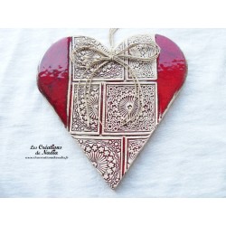 Coeur Hansi en faïence émaillée couleur rot und wiss, impression rosace