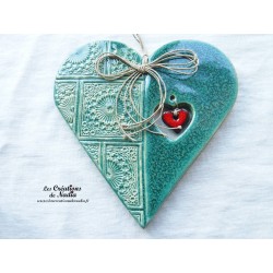 Coeur en céramique Hansi vert bouteille, impression rosace, à suspendre
