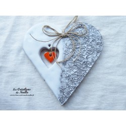Coeur Hansi en céramique, couleur elsass café et blanc glacé, impression capucines