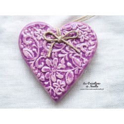 Coeur Katele en céramique, lilas, impression fine denelle, à suspendre