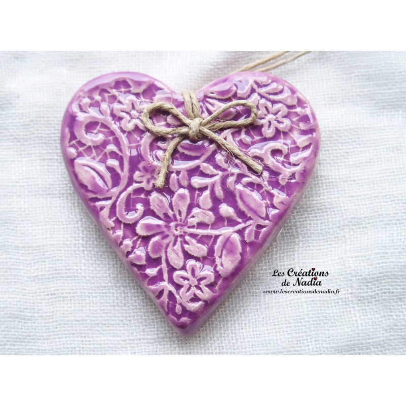 Coeur Katele en céramique, lilas, impression fine denelle, à suspendre