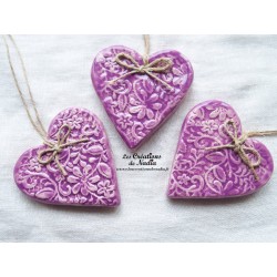 Coeur Katele en céramique, lilas, impression fine denelle, à suspendre