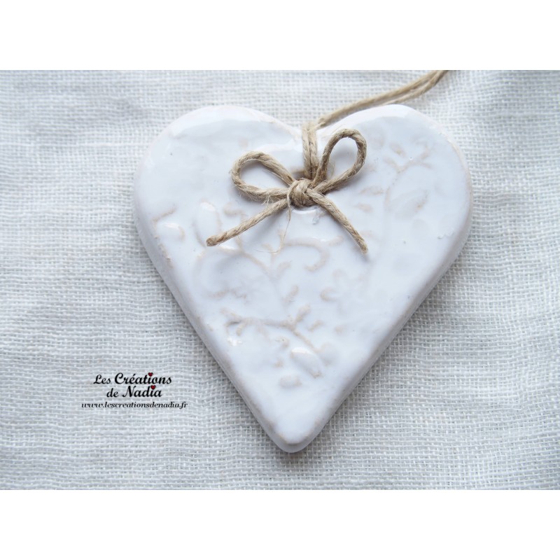 Coeur Katele en céramique, couleur blanc, impression fine dentelle, à suspendre
