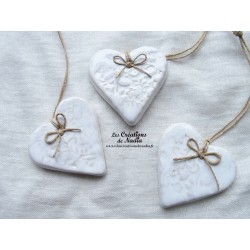 Coeur Katele en céramique, couleur blanc, impression fine dentelle, à suspendre