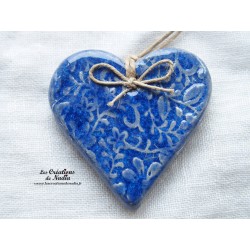 Coeur Katele en céramique, couleur bleu outremer, impression fine dentelle, à suspendre