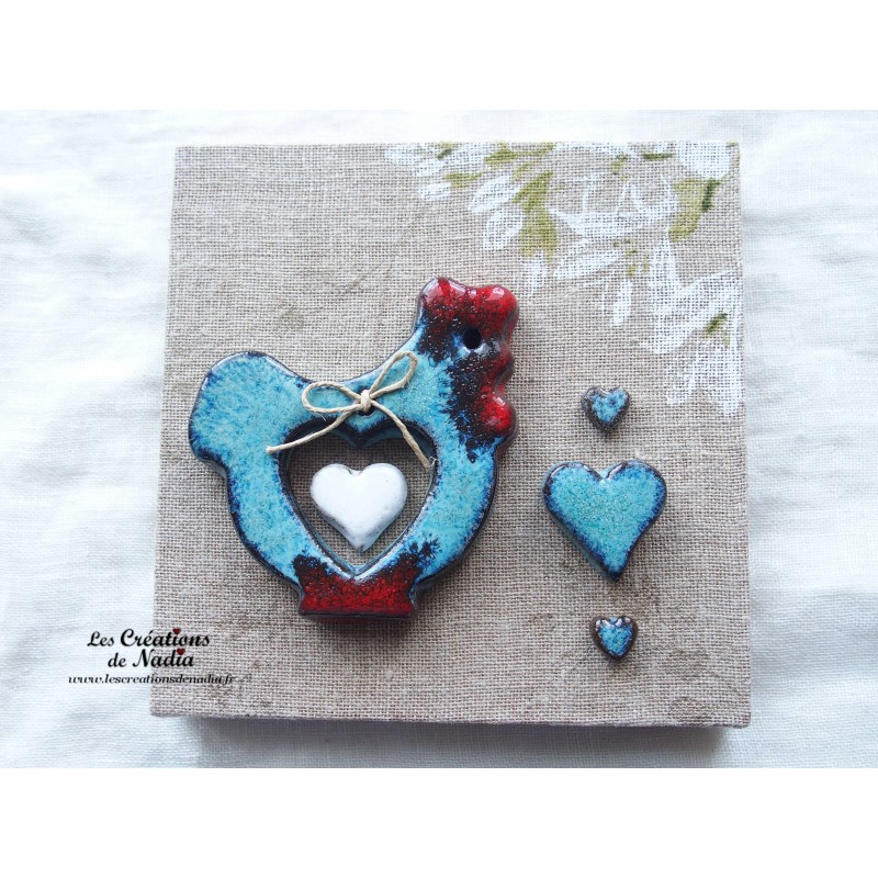 Tableau avec poule couleur turquoise en céramique