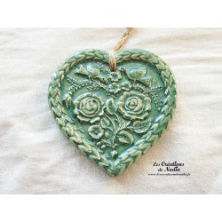 Coeur Springerlé couleur vert bouteille, impression oiseaux et fleurs