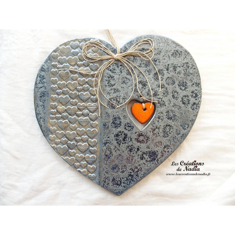 Coeur Joséphine en céramique, couleur bleu gauloise, impression "Petits coeurs"