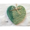 Coeur Augustine couleur vert bouteille, impression roses anciennes, en céramique, à suspendre