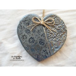 Coeur Augustine en poterie, couleur bleu gauloise, à accrocher