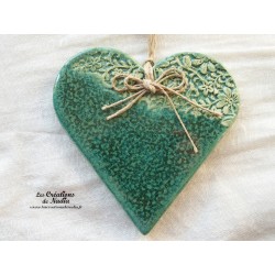 Coeur Liesel vert vert bouteille,impression fine dentelle en poterie à accrocher