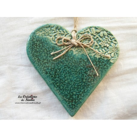 Coeur Liesel vert vert bouteille,impression fine dentelle en poterie à accrocher Coeur Liesel vert vert bouteille,impression fine dentelle en poterie à accrocher