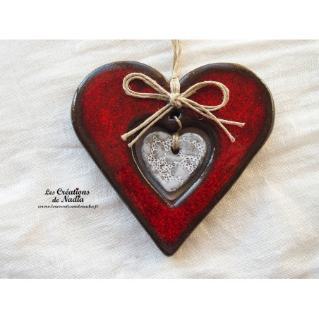 Coeur en céramique couleur rouge pomme d'amour, à accrocher