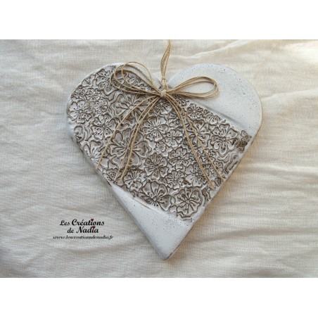 Coeur Hansi en céramique, couleur elsass café et blanc glacé, impression capucines