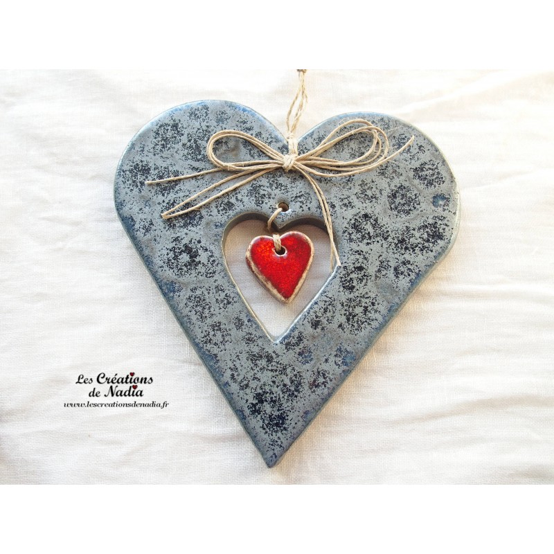 Coeur Hansi bleu gris métal, en céramique, à suspendre
