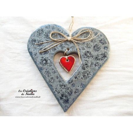 Coeur Hansi bleu gris métal, en céramique, à suspendre Coeur Hansi bleu gris métal, en céramique, à suspendre