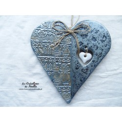 Coeur en céramique Hansi bleu gris métal, impression Alsace