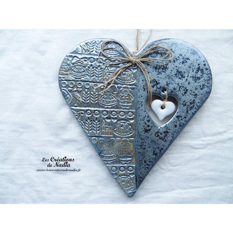 Coeur en céramique Hansi bleu gris métal, impression Alsace