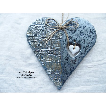 Coeur en céramique Hansi bleu gris métal, impression Alsace