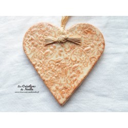 Coeur Liesel vanille en céramique, impression fine dentelle, à accrocher