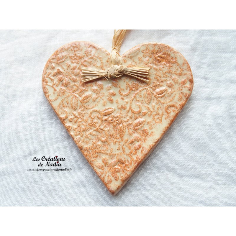 Coeur Liesel vanille en céramique, impression fine dentelle, à accrocher