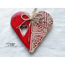 Coeur Liesel rouge en céramique, impression rosace, à suspendre