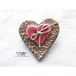 Broche coeur en céramique marron glacé