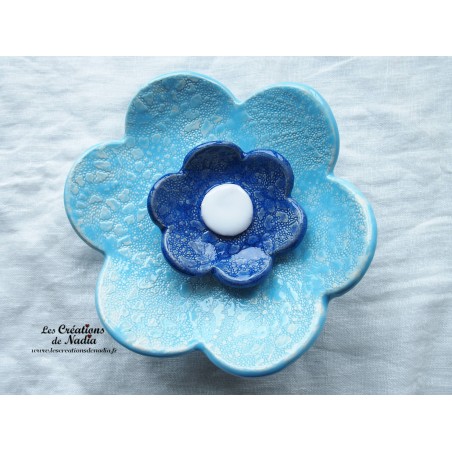 Fleur en céramique poppies taille XXL, couleur bleu lagon et bleu outremer