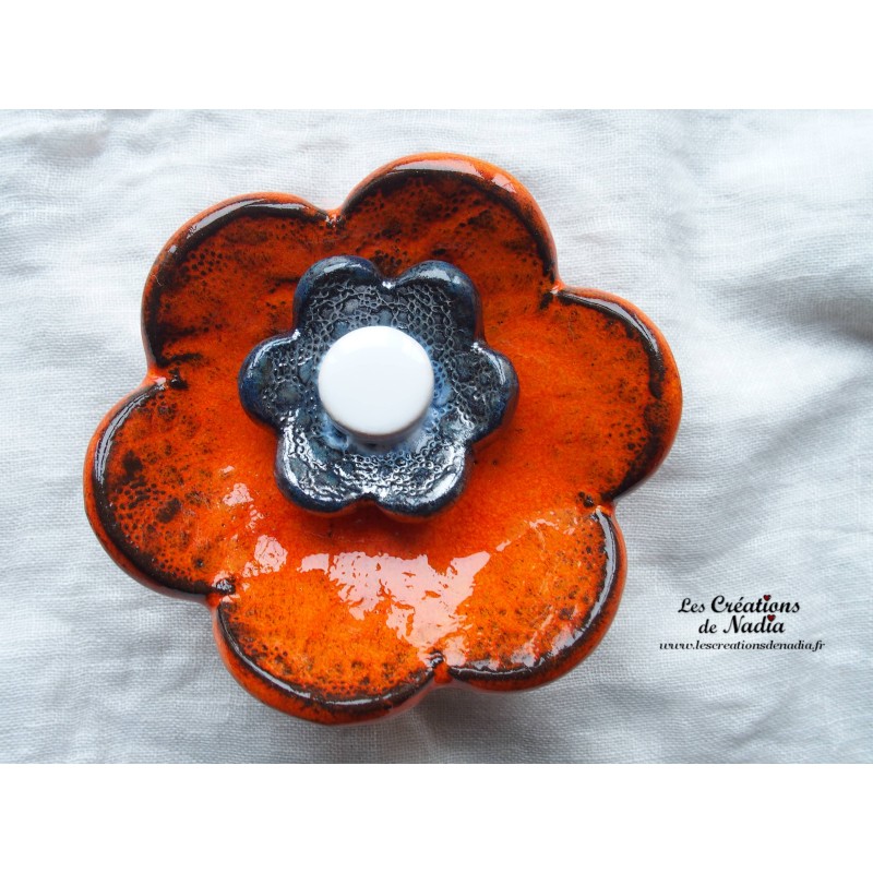 Fleur en céramique poppie pour les jardins, taille XL, couleurs orange et gris métal