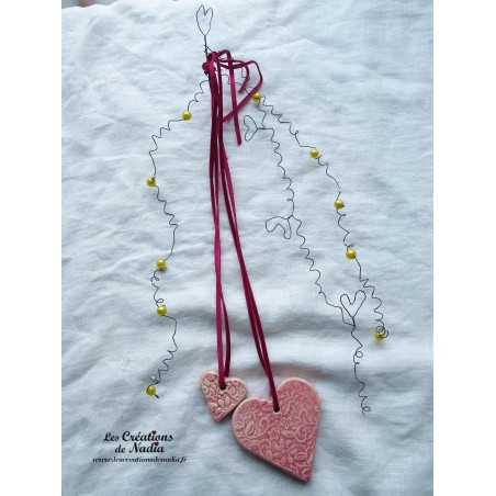 Farandole de coeurs en céramique, couleur rose, à suspendre