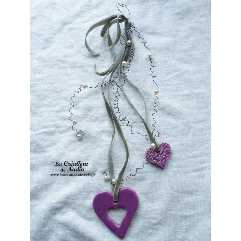 Farandole de coeurs en céramique, couleur lilas, à suspendre