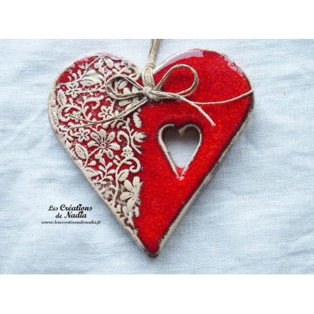 Coeur en faïence rouge, impression fine dentelle
