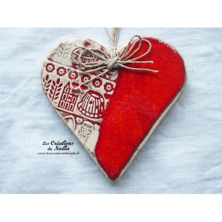 Coeur en faïence couleur rot und wiss, impression Alsace, à suspendre