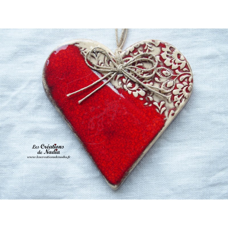 Coeur Liesel en céramique, à suspendre, couleur rot und wiss, impression damassé