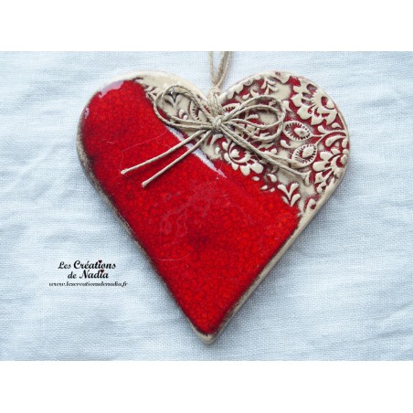 Coeur Liesel en céramique, à suspendre, couleur rot und wiss, impression damassé