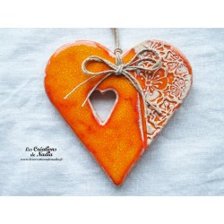 Coeur en faïence couleur bicolore , impression fleurs de capucines, céramique à suspendre