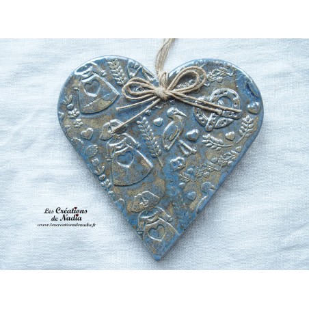 Coeur Liesel en céramique à suspendre, couleur bleu gris métal, impression Alsace